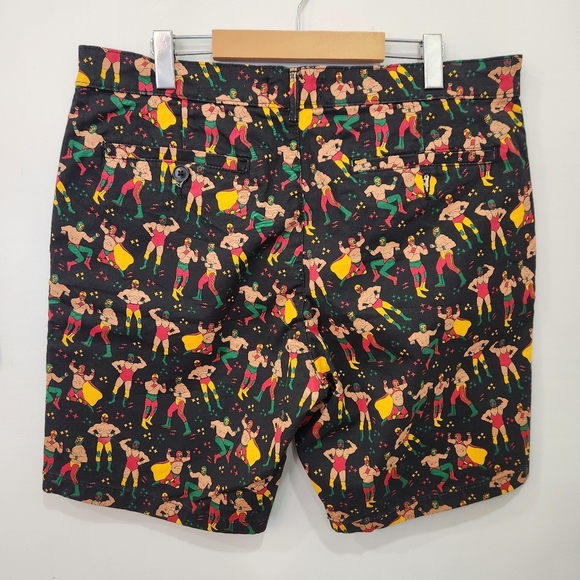 Forever 21 Shorts Mens 36 Black Mexican Wresting Lucha Libre All Over Print Rare - Picture 3 of 12